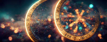 Backdrop of sacred zodiac symbols, astrology, alchemy, magic, sorcery and fortune telling. AI-generated digital painting.の素材