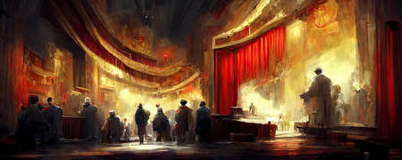 Theater stage with luxury red curtains, columns, spotlights and decor. AI-generated digital painting.の素材