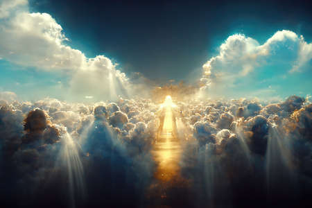 Finding God in paradise, symbol of Christianity. Concept generated in Ai.の素材