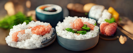 Japanese food mix on restaurant table, sashimi, salmon, sushi and wasabi.の素材