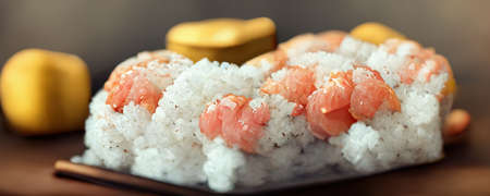 Japanese food mix on restaurant table, sashimi, salmon, sushi and wasabi.の素材