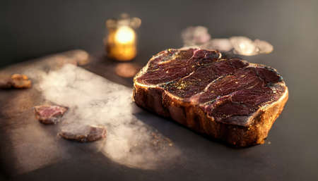 Medium juicy Beef Rib Eye, chorizo ââin a traditional cut on a wooden board with herbs, spices and salt.の素材