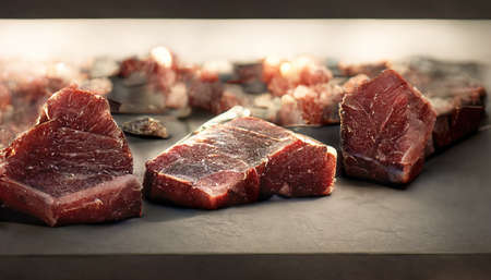 Fresh raw beef rib steak on a wooden cutting board.の素材