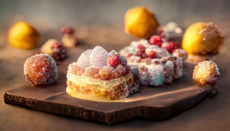 Delicious raspberry dessert with vanilla cream. Close-up, shallow depth of field. 3d-render generated with ai.の素材