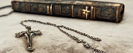 Religion Silver necklace with crucifix in holy bible, symbol of Christianity. Concept generated in Ai.の素材