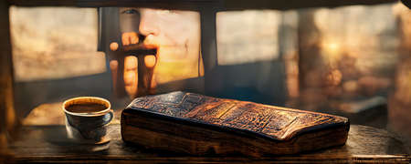 Church pulpit with a bible and stained glass windows in the background. Concept generated in Ai.の素材