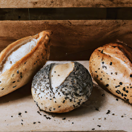 Bakery with various types of freshly baked bread. Buns, baguette, bagel, sweet bread and croissant. Closeup. 3D representation.の素材