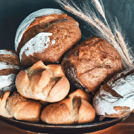 Bakery with various types of freshly baked bread. Buns, baguette, bagel, sweet bread and croissant. Closeup. 3D representation.の素材