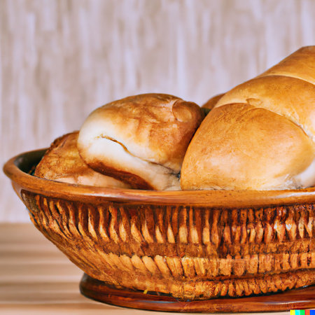 Bakery with various types of freshly baked bread. Buns, baguette, bagel, sweet bread and croissant. Closeup. 3D representation.の素材