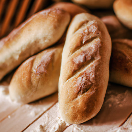 Bakery with various types of freshly baked bread. Buns, baguette, bagel, sweet bread and croissant. Closeup. 3D representation.の素材
