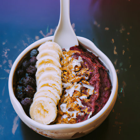 Acai bowl with granola, tropical fruits, banana, raspberry, condensed milk and cereal. Closeup. 3D representation.の素材