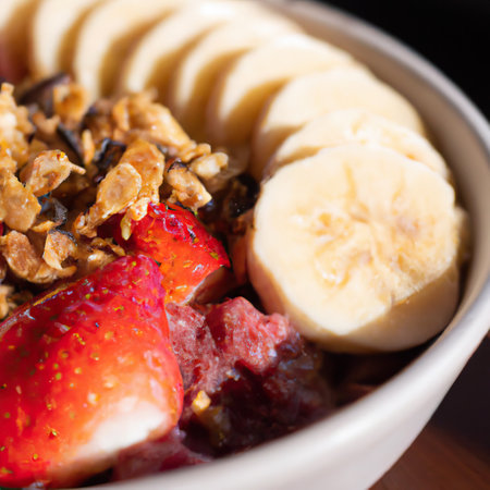 Acai bowl with granola, tropical fruits, banana, raspberry, condensed milk and cereal. Closeup. 3D representation.の素材