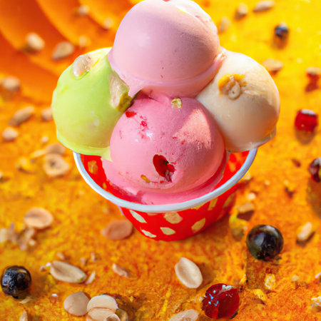 3d illustration rendering of ice creams of different colors and flavors decorated on colorful background. Selective focus.の素材
