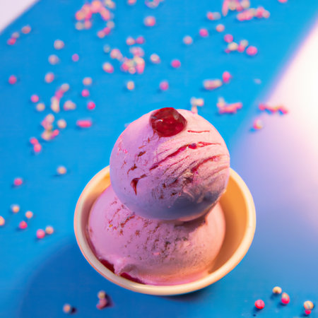 3d illustration rendering of ice creams of different colors and flavors decorated on colorful background. Selective focus.の素材