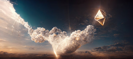 3D illustration rendering of Ethereum rain and Ethereum mining concept Falling from the sky. ETH Mining.の素材