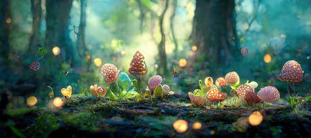 A beautiful enchanted forest with big fairytale trees and great vegetation. Digital Painting Background, Illustration.の素材