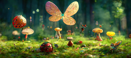 A beautiful enchanted forest with big fairytale trees and great vegetation. Digital Painting Background, Illustration.の素材