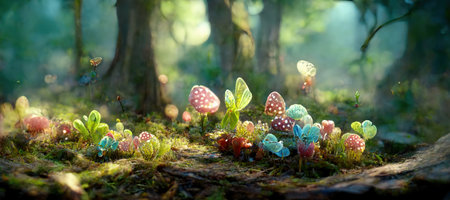A beautiful enchanted forest with big fairytale trees and great vegetation. Digital Painting Background, Illustration.の素材