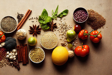 Healthy vegan and vegetarian food on the table. 3d illustration rendering. AI generated image.の素材