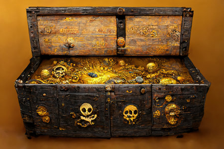 Pirate treasure chest with gold coins, icon concept for game button and screen. Digital illustration.の素材