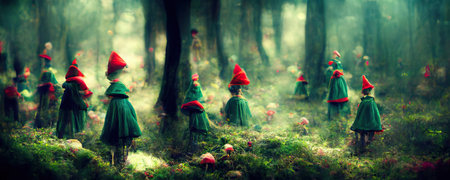 Elves in a beautiful fairytale enchanted forest. Digital painting background, illustration.の素材