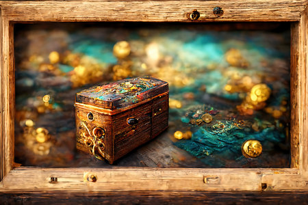 Pirate treasure chest with gold coins, icon concept for game button and screen. Digital illustration.の素材