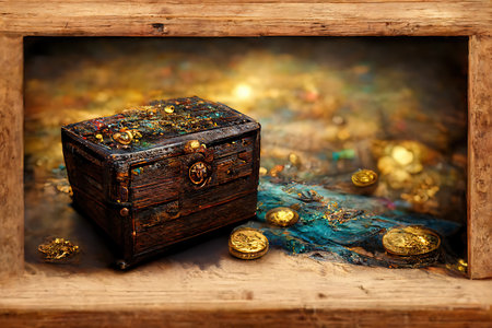 Pirate treasure chest with gold coins, icon concept for game button and screen. Digital illustration.の素材