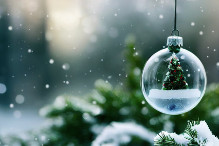 Glass globe in snow with Christmas decoration and colorful background. Christmas glass ball. Selective focus.の素材