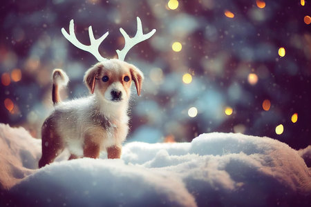 A sleigh reindeer in the snow on winter background with Christmas decoration. Selective focus.の素材