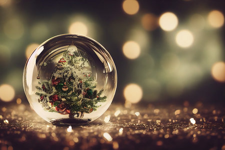 Glass globe in snow with Christmas decoration and colorful background. Christmas glass ball. Selective focus.の素材
