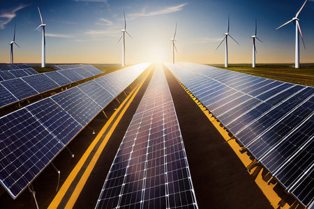 Digital Painting of Battery storage center accompanied by solar and wind power plants.の素材