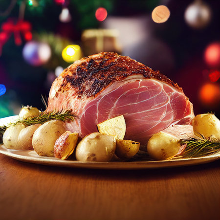 Traditional Christmas smoked roast pork ham sliced ââon wooden cutting board with Christmas decoration.の素材