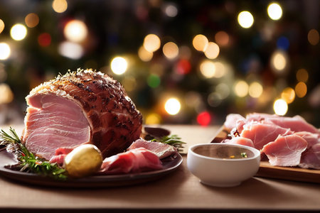 Traditional Christmas smoked roast pork ham sliced ââon wooden cutting board with Christmas decoration.の素材