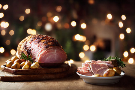Traditional Christmas smoked roast pork ham sliced ââon wooden cutting board with Christmas decoration.の素材