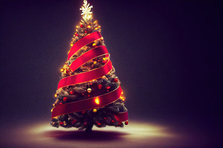 Beautiful decorated Christmas tree on blurred background, with baubles, bows, star, lights, gift boxes, space for text.の素材