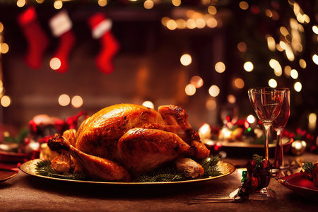 Juicy and tasty roast turkey on plate with Christmas decoration.の素材