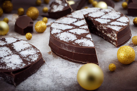 Chocolate pie with macaroon on the table for Christmas night.の素材