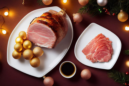 Traditional Christmas smoked roast pork ham sliced ââon wooden cutting board with Christmas decoration.の素材