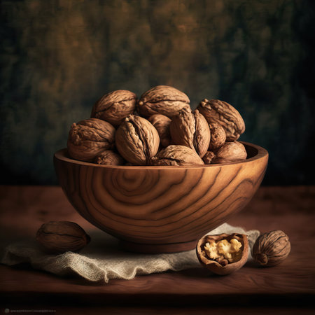 Nuts kernels in shell in bowl on table for dinner on Christmas night.の素材