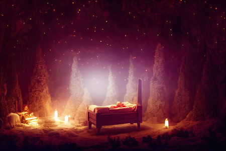 Christmas Nativity Scene beautifully decorated for Christmas. 3D Illustration.の素材