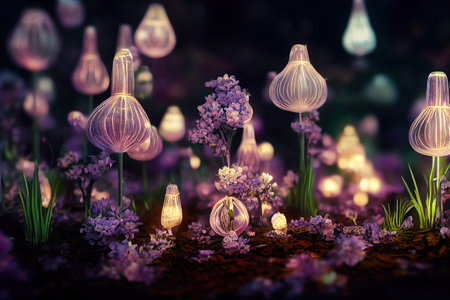 A beautiful fairytale enchanted forest at night made of glittering crystals with trees and colorful vegetation.の素材