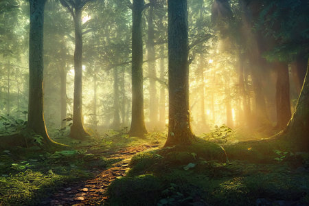 A beautiful fairytale enchanted forest with big trees and great vegetation. Digital painting background.の素材