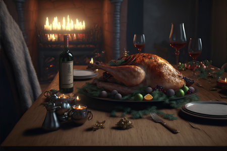 Juicy and tasty roast turkey on plate with Christmas decoration.の素材