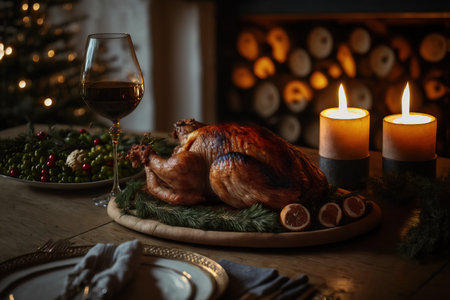 Juicy and tasty roast turkey on plate with Christmas decoration.の素材