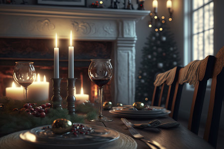 Table setting for Christmas or New Year celebration in living room with fireplace and Christmas tree.の素材