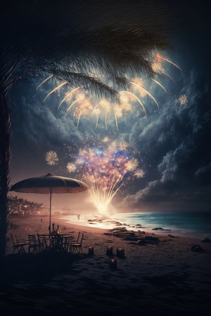 New Year's party celebration at night on the beach with fireworks.の素材