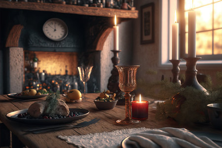 Table setting for Christmas or New Year celebration in living room with fireplace and Christmas tree.の素材