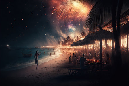 New Year's party celebration at night on the beach with fireworks.の素材