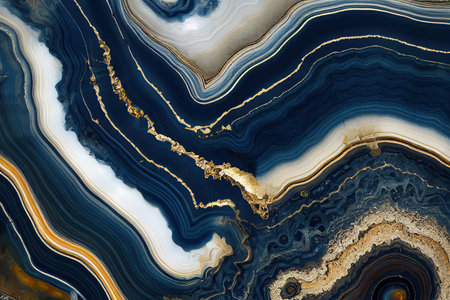 Luxurious navy blue ink marble-like abstract texture with golden dust and agate stone swirls and veins.の素材