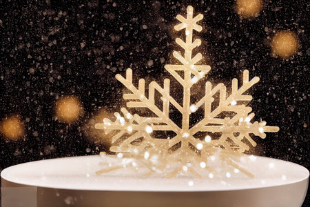 Texture for commemorative Christmas date, golden ribbons, decor, lights, snowflakes and sparkles.の素材